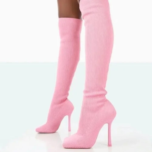 Square Toe Knitted Thigh-High Boots