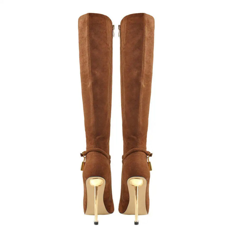 Brown Pointed Toe Suede Knee-High Boots