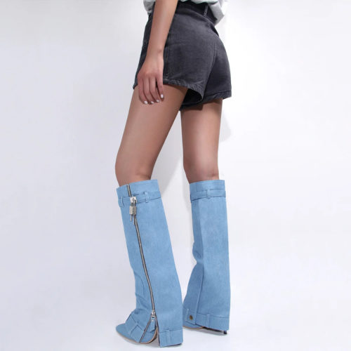 Denim Knee High Lock Boots