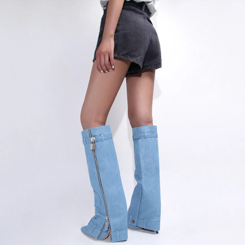 Denim Knee High Lock Boots