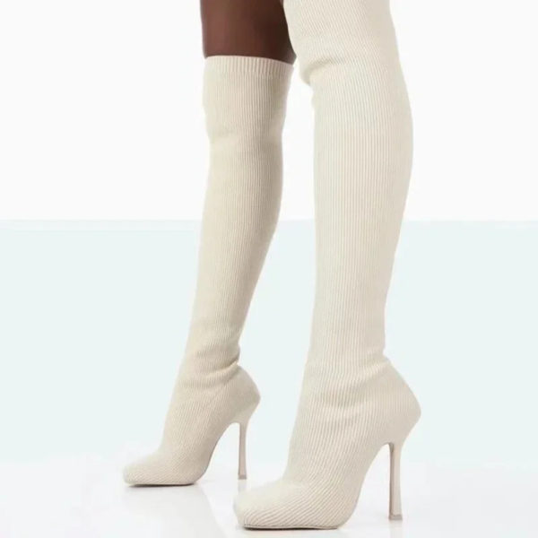 Square Toe Knitted Thigh-High Boots