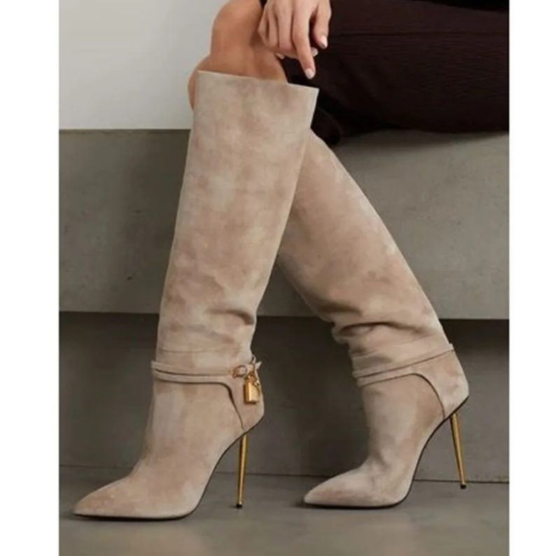 Beige Pointed Toe Suede Knee-High Boots