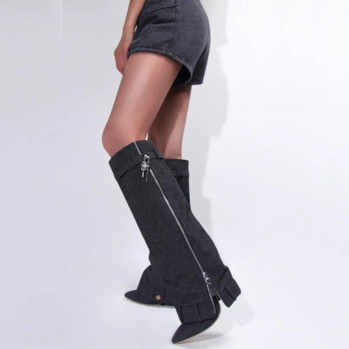 Denim Knee High Lock Boots