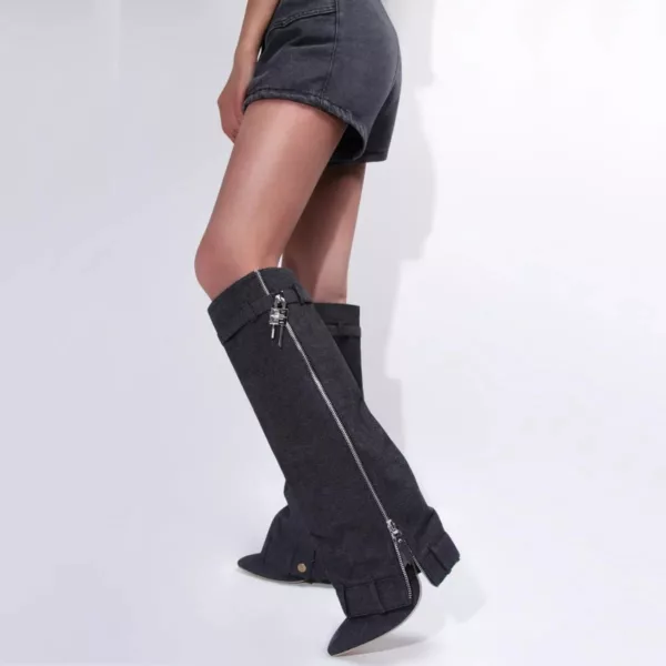 Denim Knee High Lock Boots
