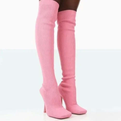 Square Toe Knitted Thigh-High Boots