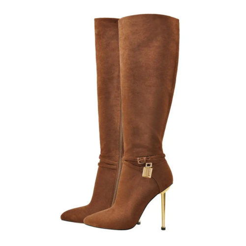 Brown Pointed Toe Suede Knee-High Boots