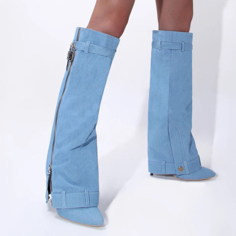 Denim Knee High Lock Boots