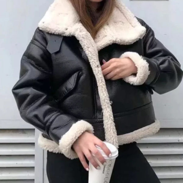 Black Faux Fur Lined Faux Leather Oversized - Aviator Jacket Aviator Jacket in winter