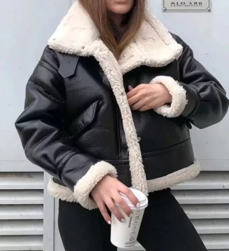 Black Faux Fur Lined Faux Leather Oversized - Aviator Jacket Aviator Jacket in winter