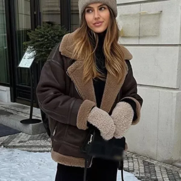 Alternative view of Contrast Collar Aviator Jacket in Brown