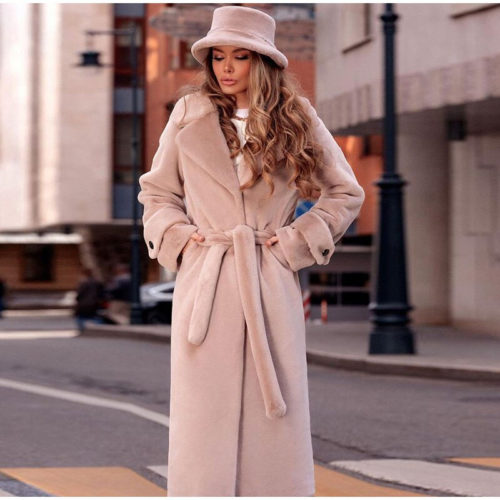 Faux Fur Belted Midi Coat in Beige