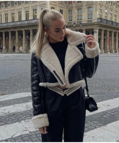 Black Borg Lined Faux Leather Cropped Aviator