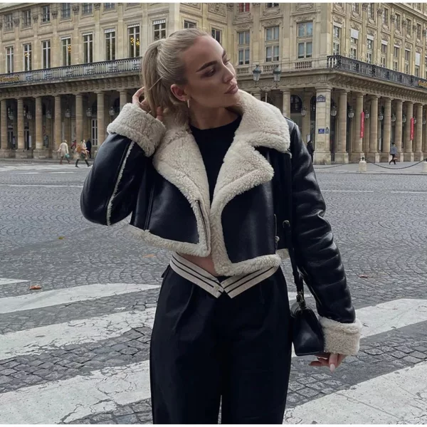 Black Borg Lined Faux Leather Cropped Aviator