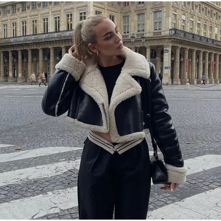 Black Borg Lined Faux Leather Cropped Aviator