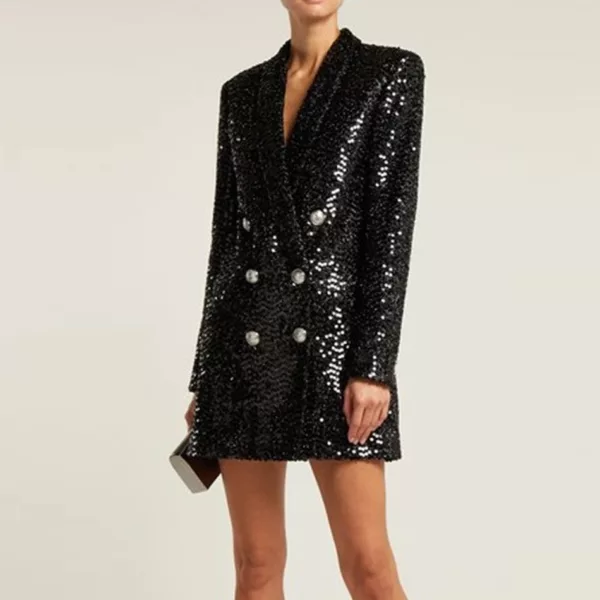 Sequined Double Breast Blazer Dress in Black