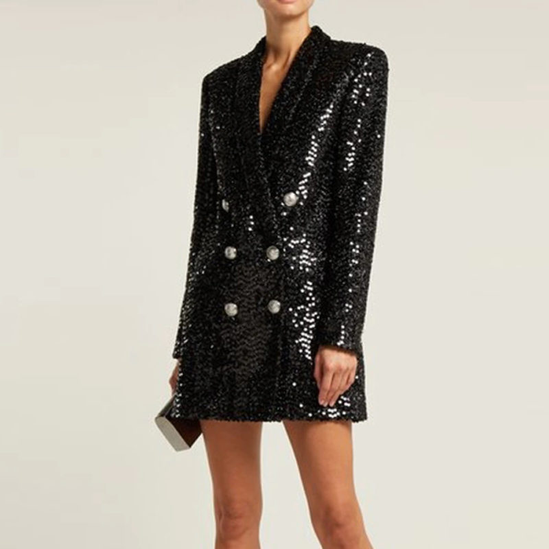 Sequined Double Breast Blazer Dress in Black