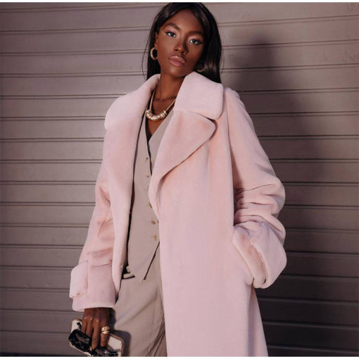 Faux Fur Belted Midi Coat in Pink