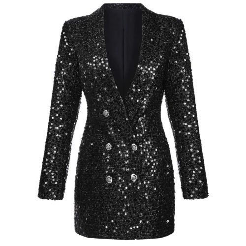 Sequined Double Breast Blazer Dress in Black