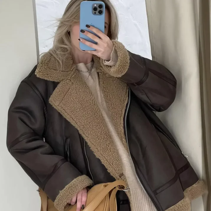 Contrast Collar Aviator Jacket in Brown