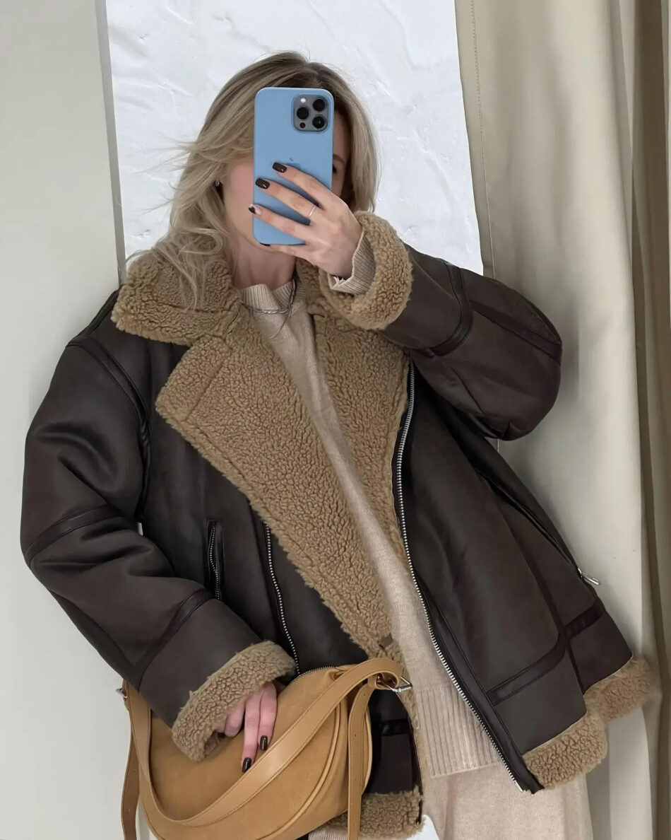 Contrast Collar Aviator Jacket in Brown - Image 4