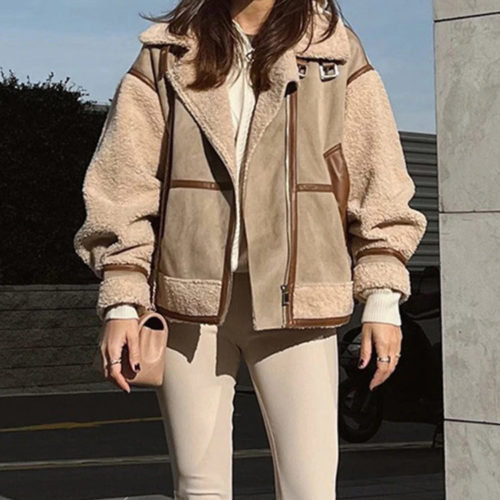 Double-Faced Faux Suede & Fur Ecru Aviator Jacket