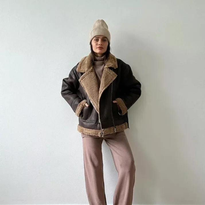 Contrast Collar Aviator Jacket in Brown