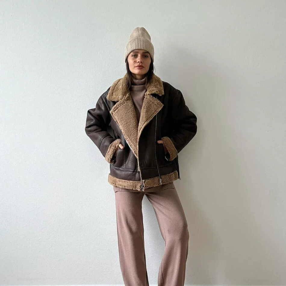 Contrast Collar Aviator Jacket in Brown - Image 5