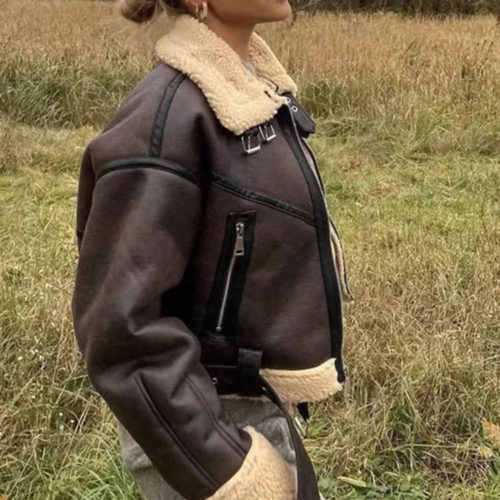 Faux Leather Borg Lined Cropped Aviator Jacket