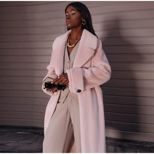 Faux Fur Belted Midi Coat in Pink