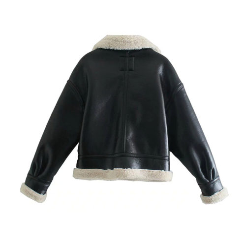 Black Faux Fur Lined Faux Leather Oversized Aviator Jacket