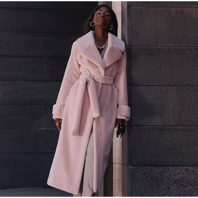 Faux Fur Belted Midi Coat in Pink