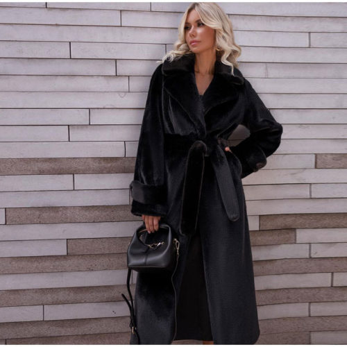 Faux Fur Belted Midi Coat in Black