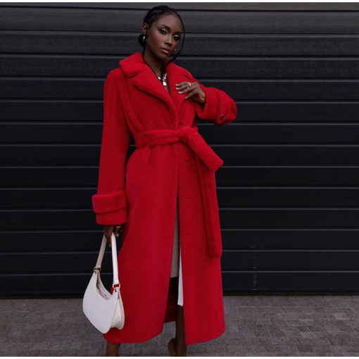 Faux Fur Belted Midi Coat in Red