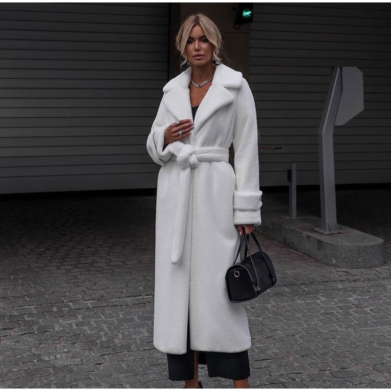 Faux Fur Belted Midi Coat in White