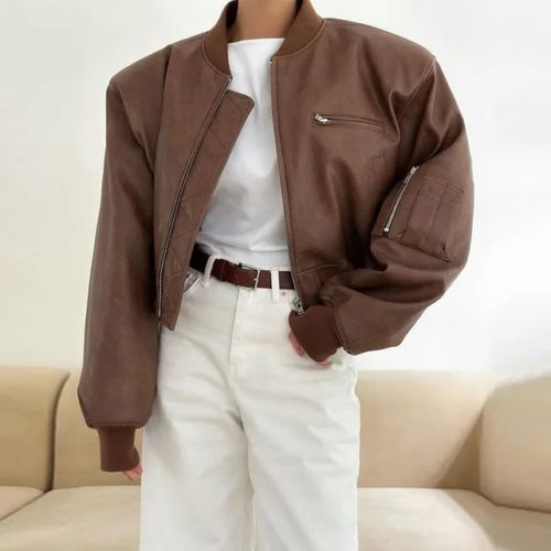 Faux Shearling Cropped Jacket in brown