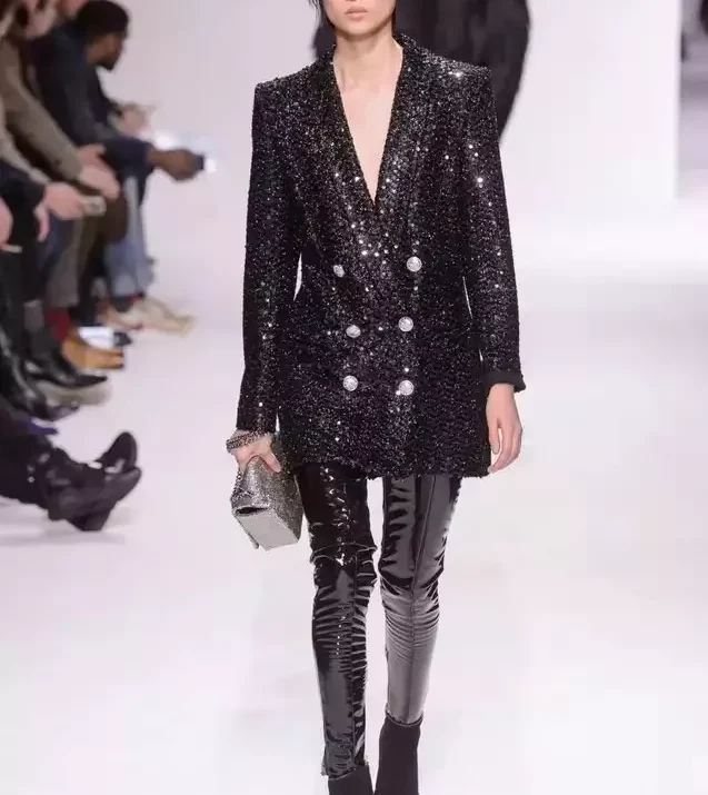 Sequined Double Breast Blazer Dress in Black