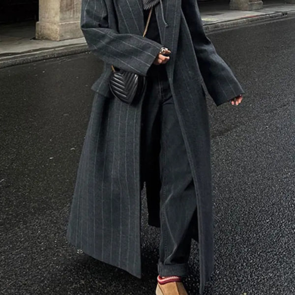 Striped Notched Long Coat