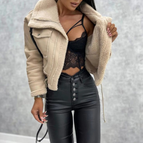 Cropped Lambswool Faux Leather Jacket