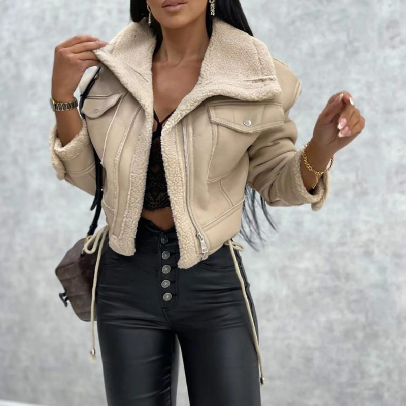 Cropped Lambswool Faux Leather Jacket