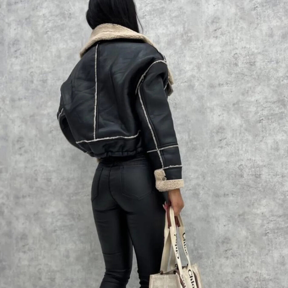 Cropped Lambswool Faux Leather Jacket