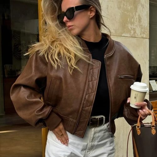 Faux Shearling Cropped Jacket in brown