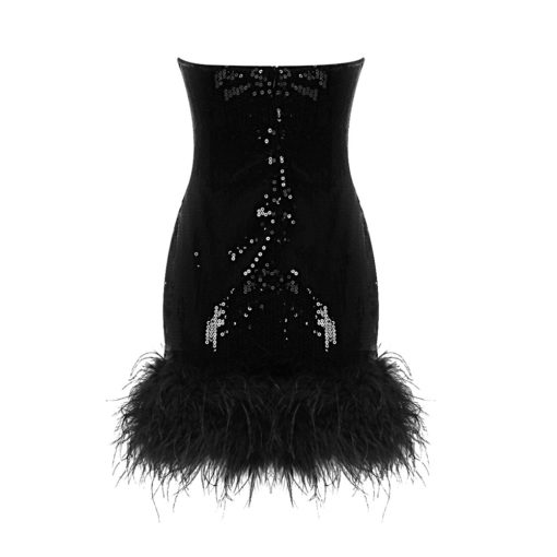 Black Strapless Feather Sequined Bodycon Dress