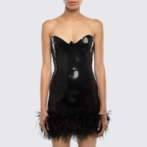 Black Strapless Feather Bodycon Dress