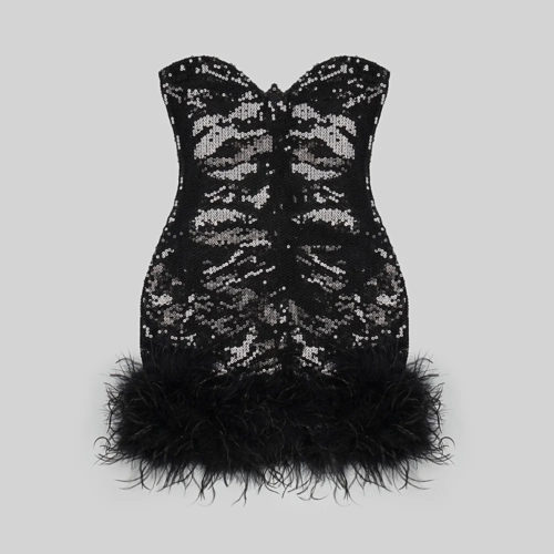 Black Strapless Feather Bodycon Dress