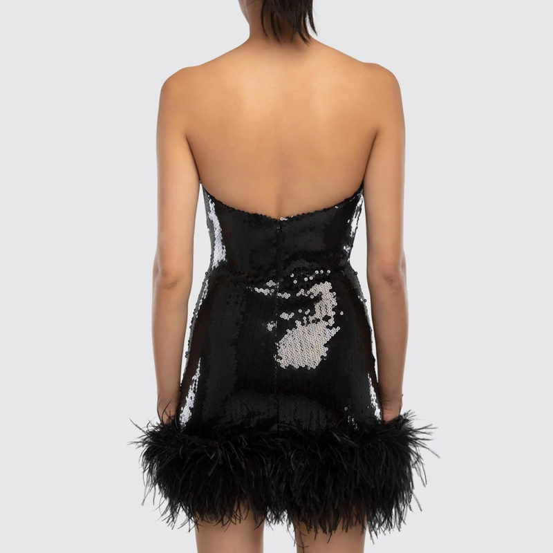 Black Strapless Feather Bodycon Dress