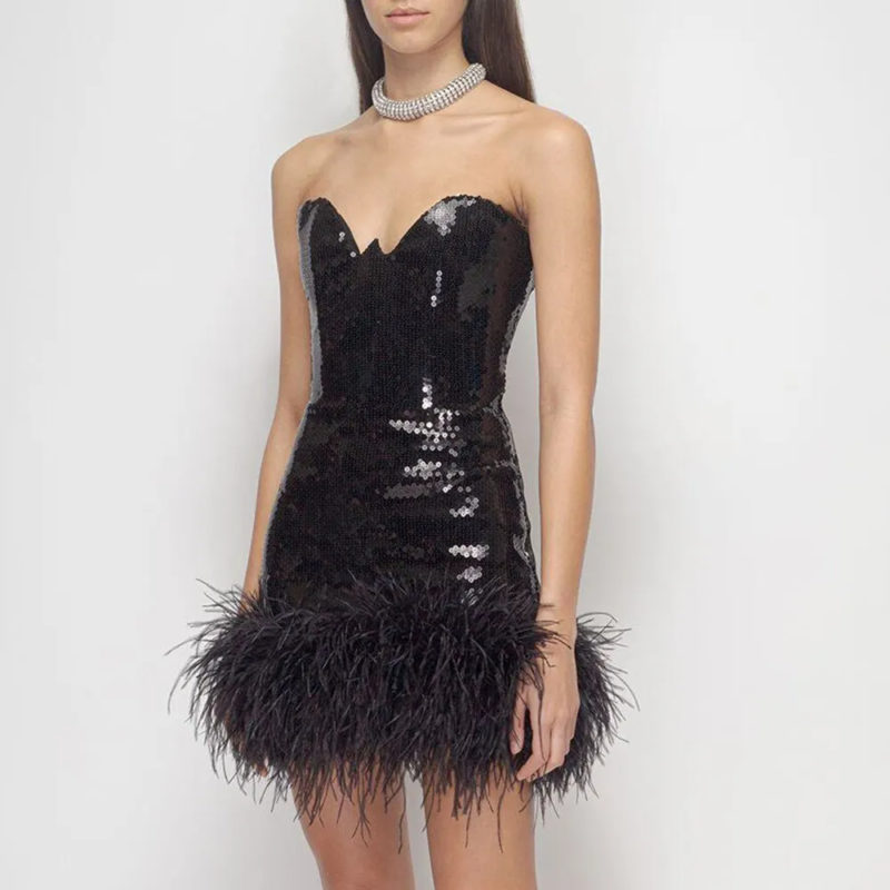 Black Strapless Feather Bodycon Dress