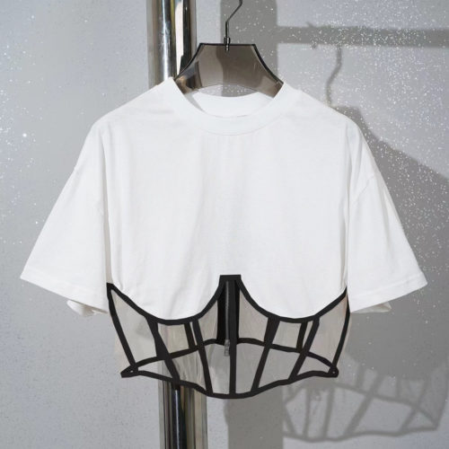 Edgy Mesh Detail Corset Cropped T-Shirt white