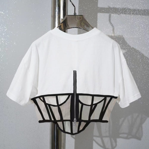 Edgy Mesh Detail Corset Cropped T-Shirt white