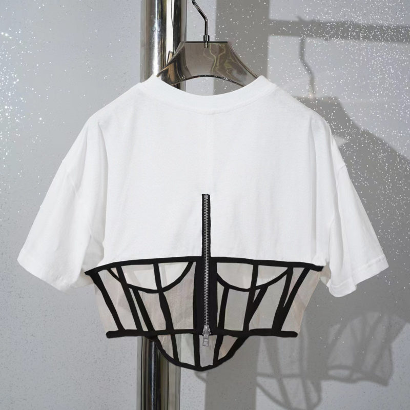 Edgy Mesh Detail Corset Cropped T-Shirt white