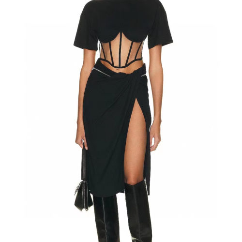 Edgy Mesh Detail Corset Cropped T-Shirt